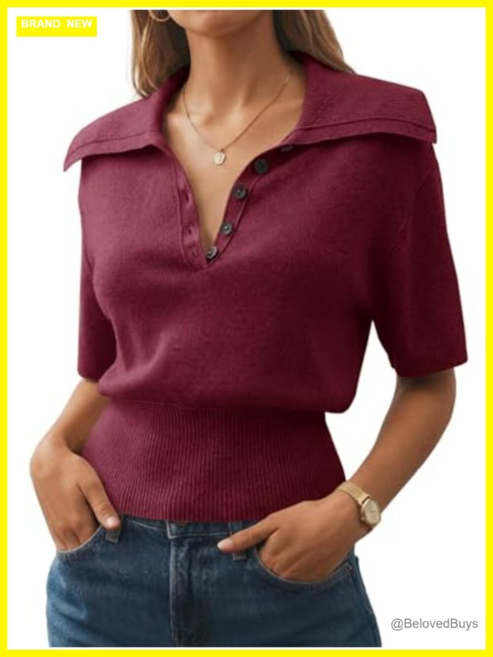 Womens Polo Sweater Top Short Sleeve Button V Neck Ribbed Hem Knit Top